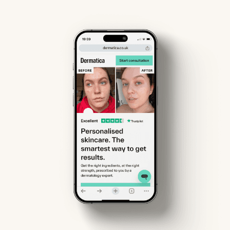Dermatica mobile interface showing personalised skincare messaging and consultation prompts.