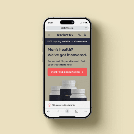 RocketRx mobile interface with medication products and men's health messaging.